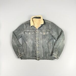 JYG Sherpa Lined Denim Trucker Jacket Gray Washed Button Front Men L